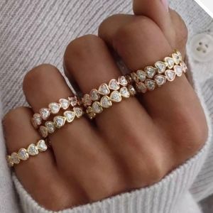 YELLOW GOLD TONE PLATED HEART SHAPED CZs ETERNITY BAND ENGAGEMENT LOVE RING NWT